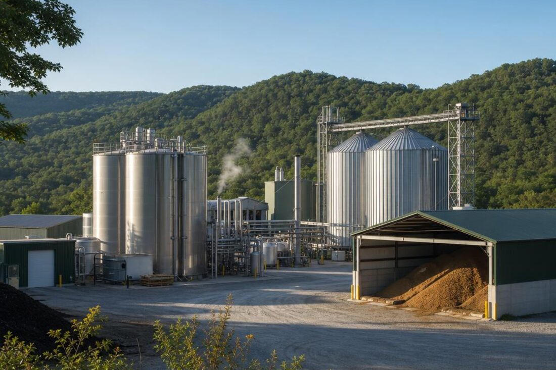 Industrial production facility with process tanks and storage silos in a wooded valley