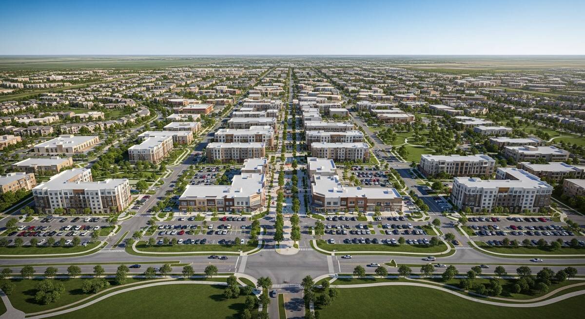 Aerial view of a large master-planned community development in South Texas with residential neighborhoods, a commercial town center, parks, and boulevards