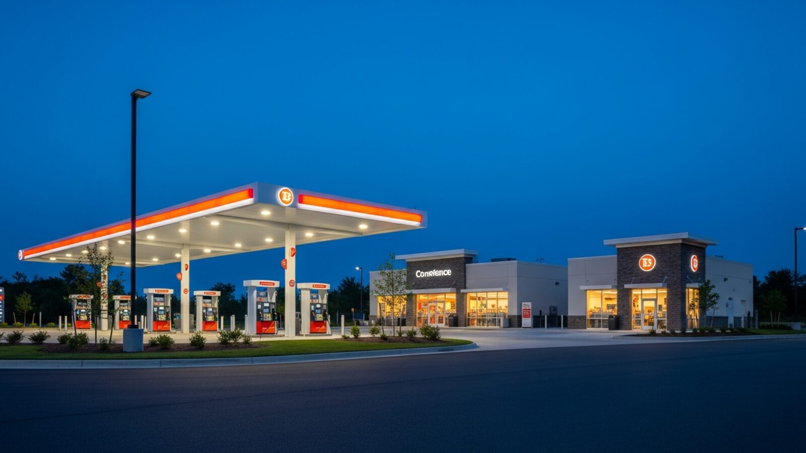 Gas station fuel canopy at dusk