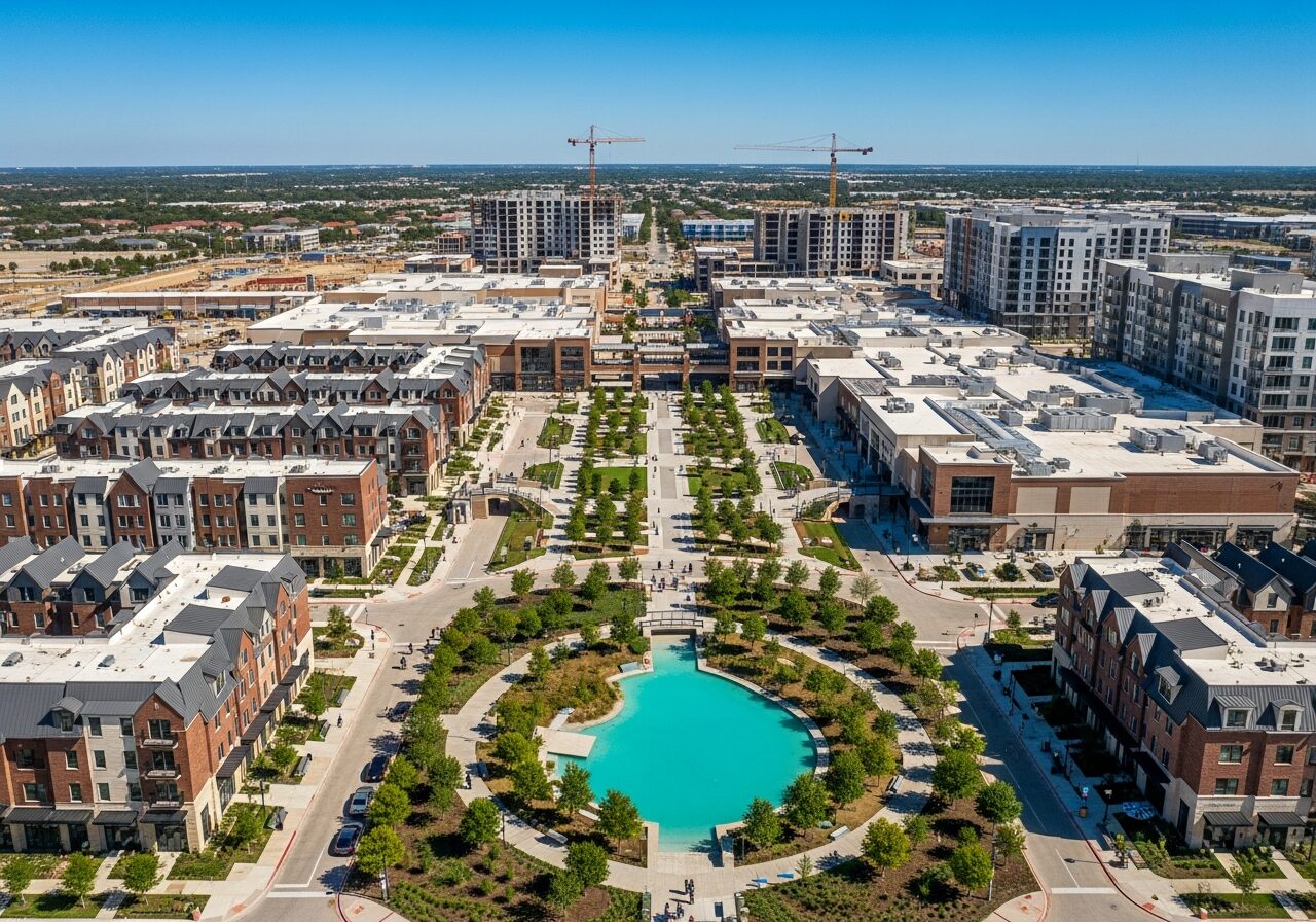 Aerial view of a modern open-air mixed-use district with brownstone townhomes, a central park with a lagoon, and a retail promenade